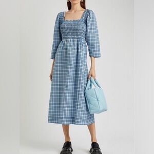 Ganni Blue Checkered Long Sleeve Dress
